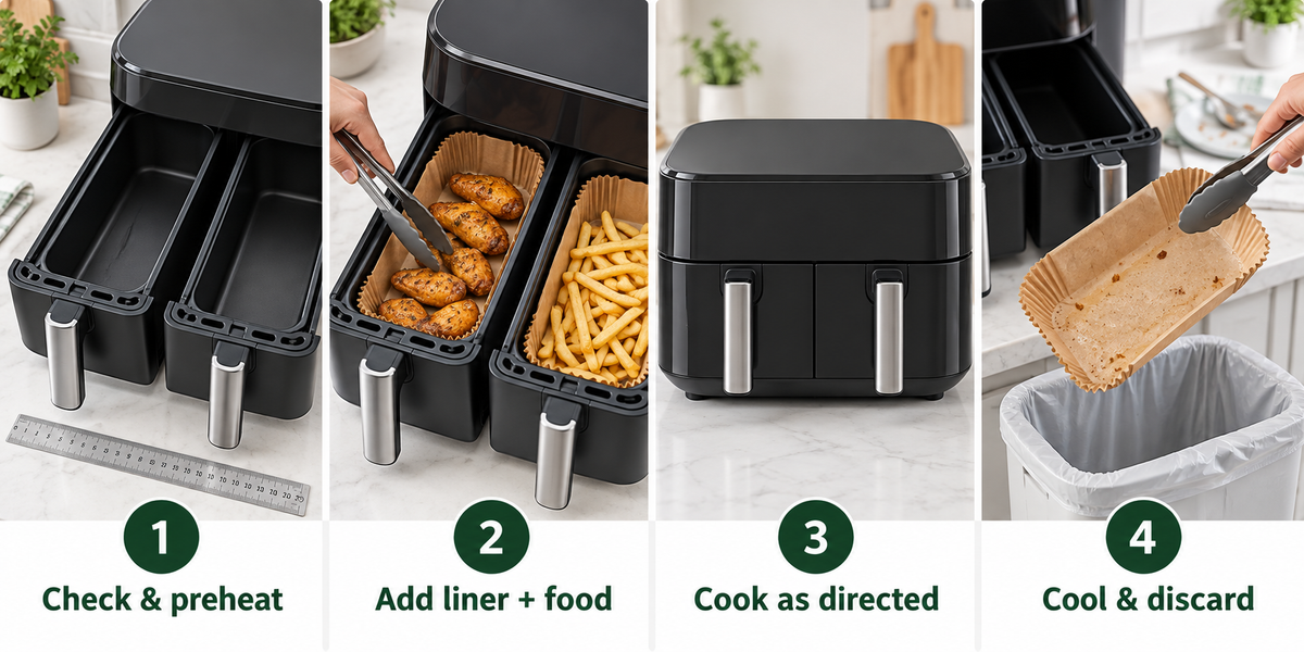 Preheat without paper, add food, cook as directed, cool before disposal