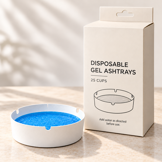 OLERYN disposable gel ashtrays, 25 cups per box, with one example cup
