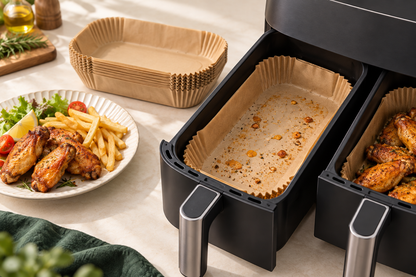 A rectangular liner containing cooking drips in a compatible basket