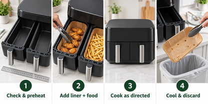 Preheat without paper, add food, cook as directed, cool before disposal