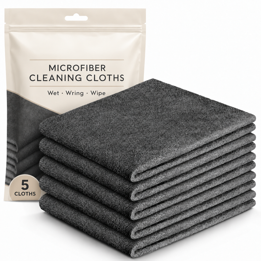 OLERYN microfiber cleaning cloths, one pack containing five gray cloths