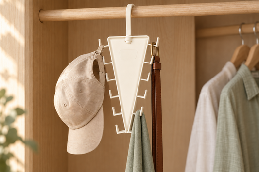One soft ivory 12-hook organizer hanging on a closet rail